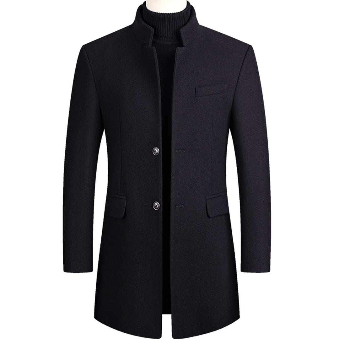 Navy Men's Single-Breasted Overcoat with Stand Collar