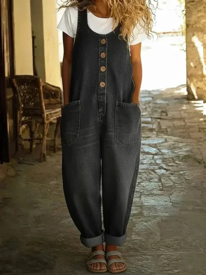 Black Women's Sleeveless Denim Overalls — Roisin Relaxed Button-Front Wide-Leg - Front Tshirt Layered
