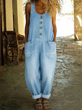 Women's Sleeveless Denim Overalls — Roisin Relaxed Button-Front Wide-Leg