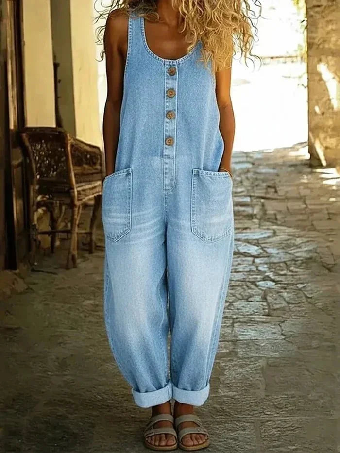 Light Blue Women's Sleeveless Denim Overalls — Roisin Relaxed Button-Front Wide-Leg - Front Full