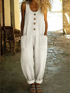 White Women's Sleeveless Denim Overalls — Roisin Relaxed Button-Front Wide-Leg - Front Worn