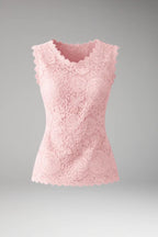 Pink Women's Sleeveless Lace Blouse with Scalloped Neckline & Floral Crochet Detail — Cami - Front Full