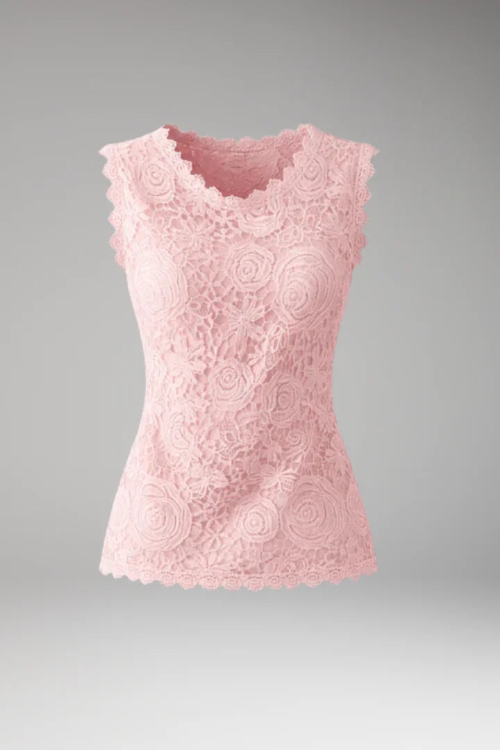 Pink Women's Sleeveless Lace Blouse with Scalloped Neckline & Floral Crochet Detail — Cami - Front Full