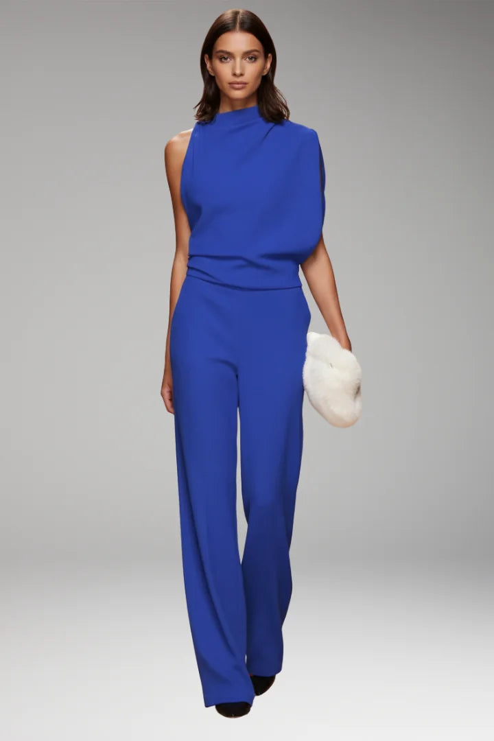 Blue Women's Sleeveless Wide-Leg Jumpsuit — Gloria Relaxed-Fit Mock Neck Pockets - Front Full Walking