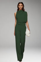 Green Women's Sleeveless Wide-Leg Jumpsuit — Gloria Relaxed-Fit Mock Neck Pockets - Front Full Walking