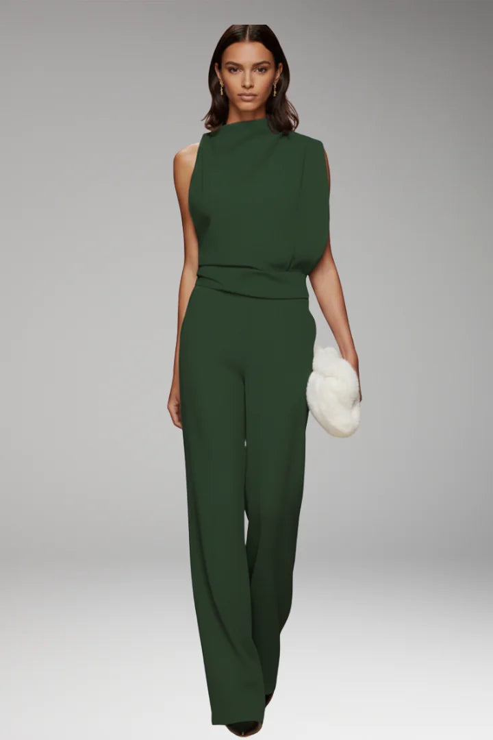 Green Women's Sleeveless Wide-Leg Jumpsuit — Gloria Relaxed-Fit Mock Neck Pockets - Front Full Walking