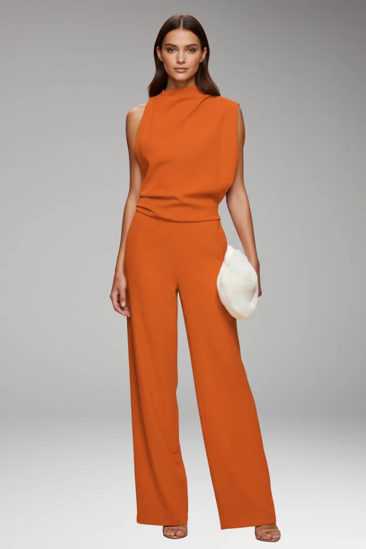 Orange Women's Sleeveless Wide-Leg Jumpsuit — Gloria Relaxed-Fit Mock Neck Pockets - Front Full Walking