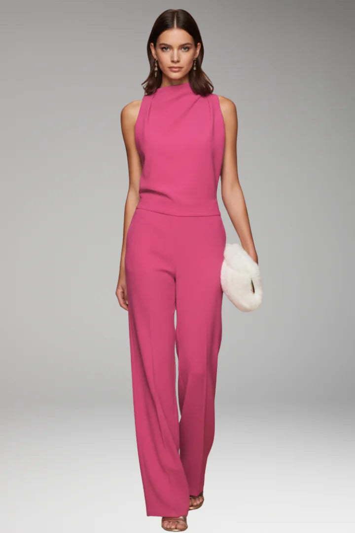 Pink Women's Sleeveless Wide-Leg Jumpsuit — Gloria Relaxed-Fit Mock Neck Pockets - Front Full Walking