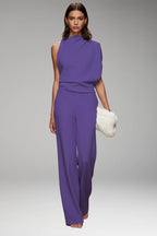 Purple Women's Sleeveless Wide-Leg Jumpsuit — Gloria Relaxed-Fit Mock Neck Pockets - Front Full Walking