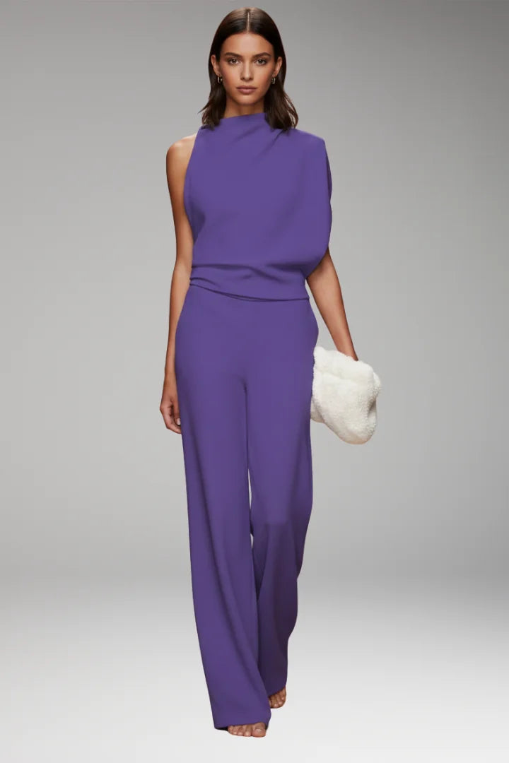 Purple Women's Sleeveless Wide-Leg Jumpsuit — Gloria Relaxed-Fit Mock Neck Pockets - Front Full Walking