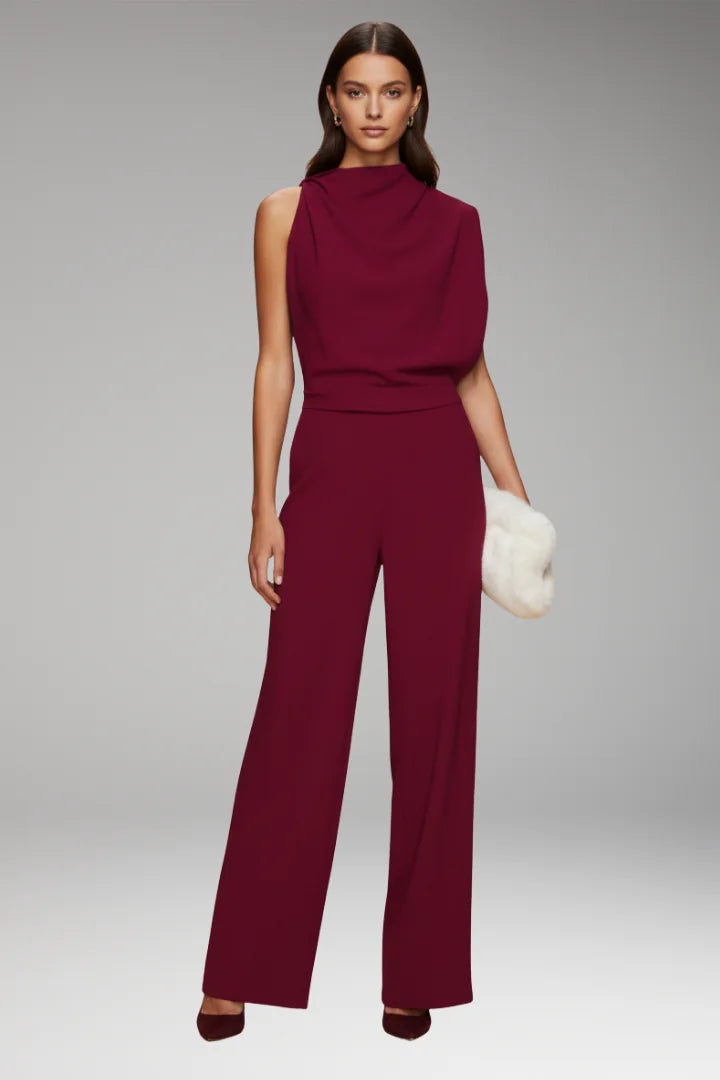 Red Women's Sleeveless Wide-Leg Jumpsuit — Gloria Relaxed-Fit Mock Neck Pockets - Front Full Walking