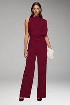 Red Women's Sleeveless Wide-Leg Jumpsuit — Gloria Relaxed-Fit Mock Neck Pockets - Front Full Walking