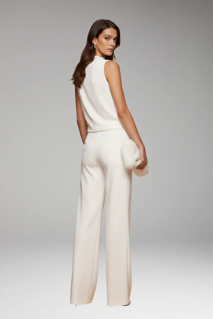 White Women's Sleeveless Wide-Leg Jumpsuit — Gloria Relaxed-Fit Mock Neck Pockets - Back Full Model