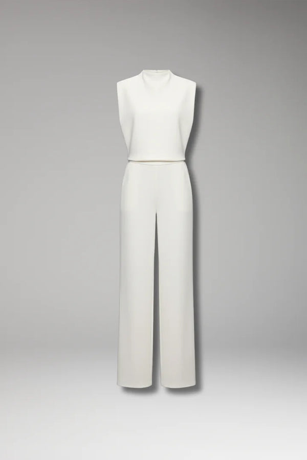 White Women's Sleeveless Wide-Leg Jumpsuit — Gloria Relaxed-Fit Mock Neck Pockets - Front Full Flatlay