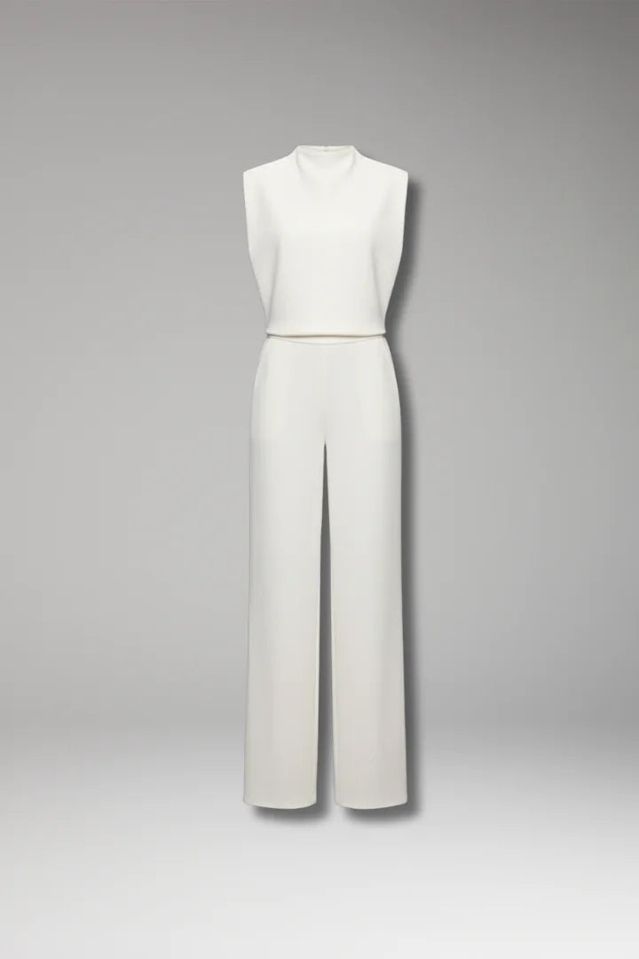 White Women's Sleeveless Wide-Leg Jumpsuit — Gloria Relaxed-Fit Mock Neck Pockets - Front Full Flatlay