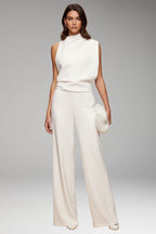 White Women's Sleeveless Wide-Leg Jumpsuit — Gloria Relaxed-Fit Mock Neck Pockets - Front Full Model