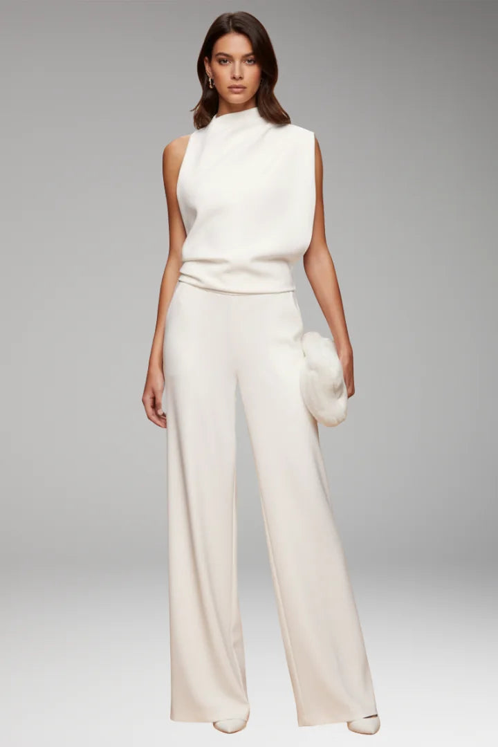 White Women's Sleeveless Wide-Leg Jumpsuit — Gloria Relaxed-Fit Mock Neck Pockets - Front Full Model