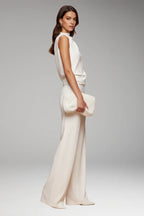 White Women's Sleeveless Wide-Leg Jumpsuit — Gloria Relaxed-Fit Mock Neck Pockets - Side Full Model