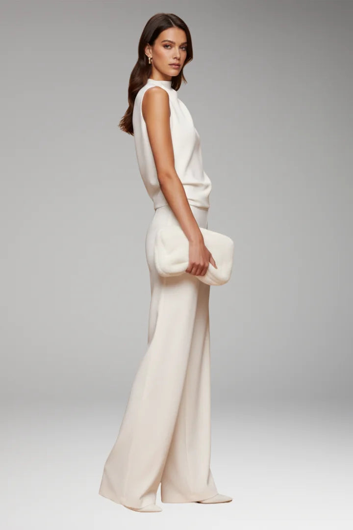 White Women's Sleeveless Wide-Leg Jumpsuit — Gloria Relaxed-Fit Mock Neck Pockets - Side Full Model
