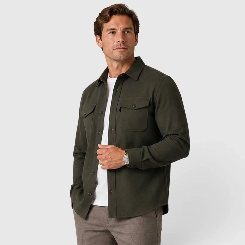 Men's Slim Fit Overshirt with Mandarin Collar & Chest Pockets - Green Front Pose