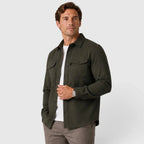 Men's Slim Fit Overshirt with Mandarin Collar & Chest Pockets - Green Front Pose
