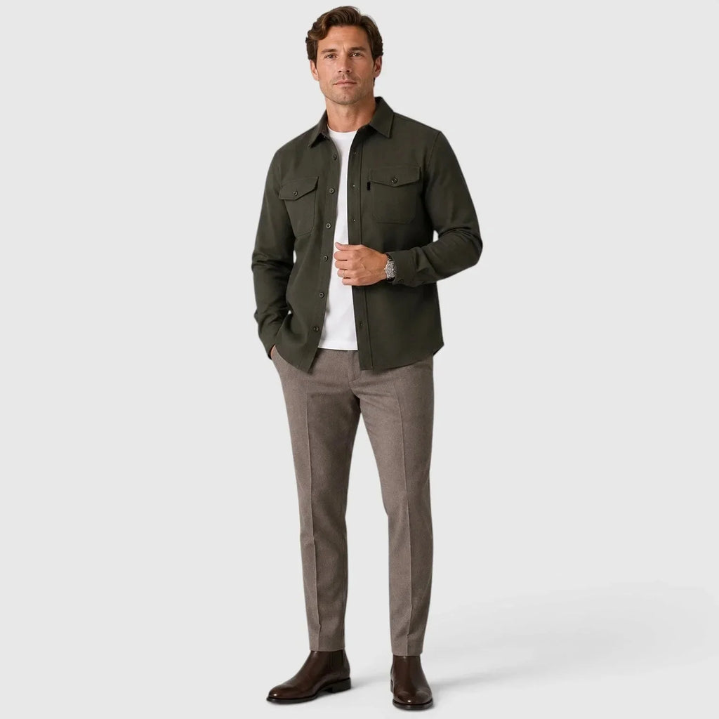 Men's Slim Fit Overshirt with Mandarin Collar & Chest Pockets - Green Full Body Walk