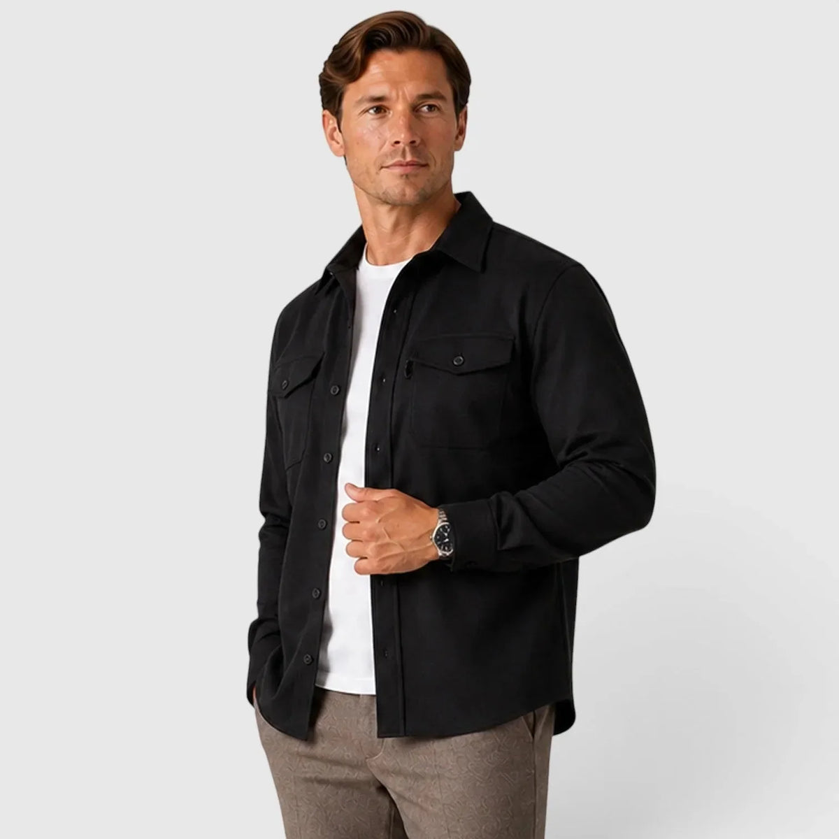 Men's Slim Fit Overshirt with Mandarin Collar & Chest Pockets - Front Solid