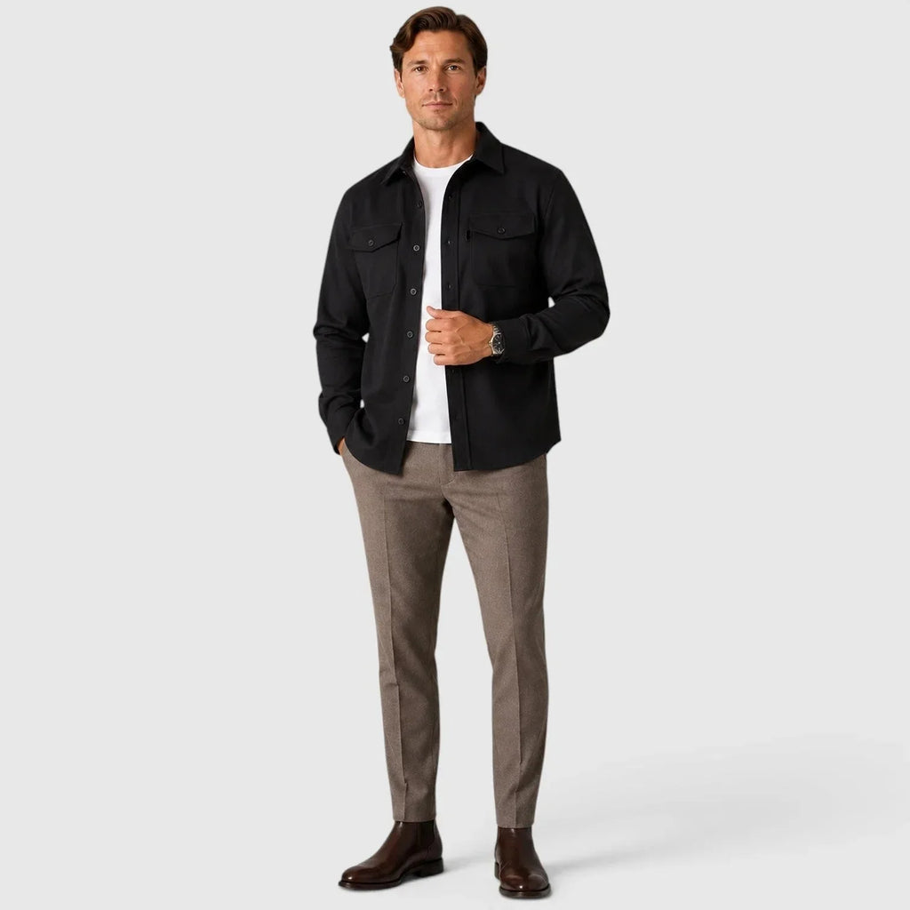 Men's Slim Fit Overshirt with Mandarin Collar & Chest Pockets - Full Body Solid