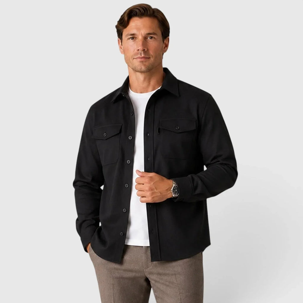 Black Men's Slim Fit Overshirt with Mandarin Collar & Chest Pockets