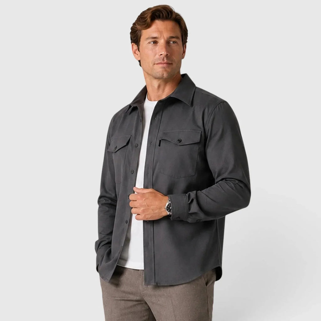 Men's Slim Fit Overshirt with Mandarin Collar & Chest Pockets - Front Angle
