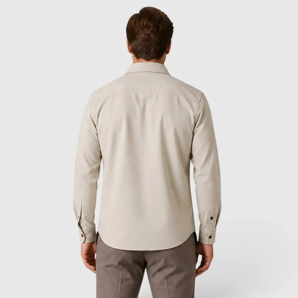 Men's Slim Fit Overshirt with Mandarin Collar & Chest Pockets - Apricot Back Detail