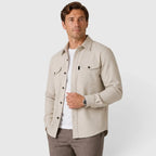 Men's Slim Fit Overshirt with Mandarin Collar & Chest Pockets - Apricot Front Buttoned
