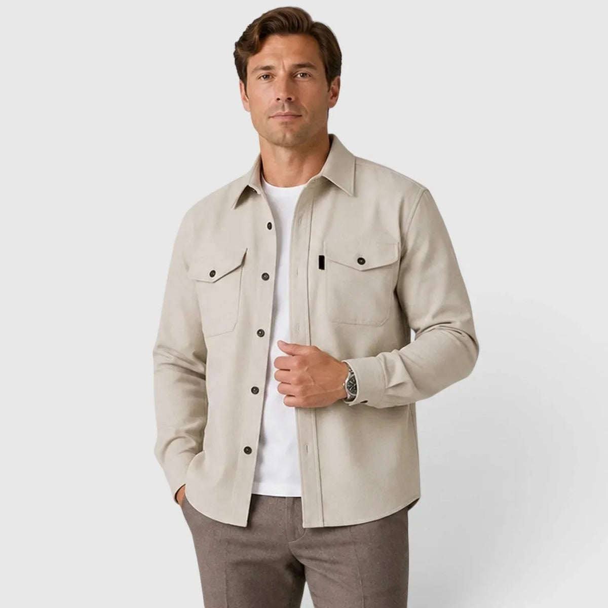 Apricot Men's Slim Fit Overshirt with Mandarin Collar & Chest Pockets - Front Hand Pocket