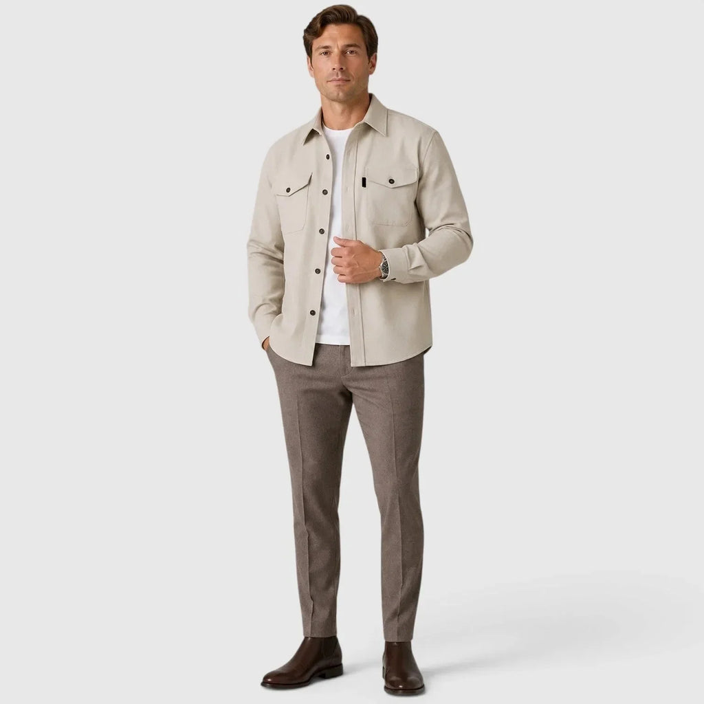 Men's Slim Fit Overshirt with Mandarin Collar & Chest Pockets - Apricot Full Body Styled