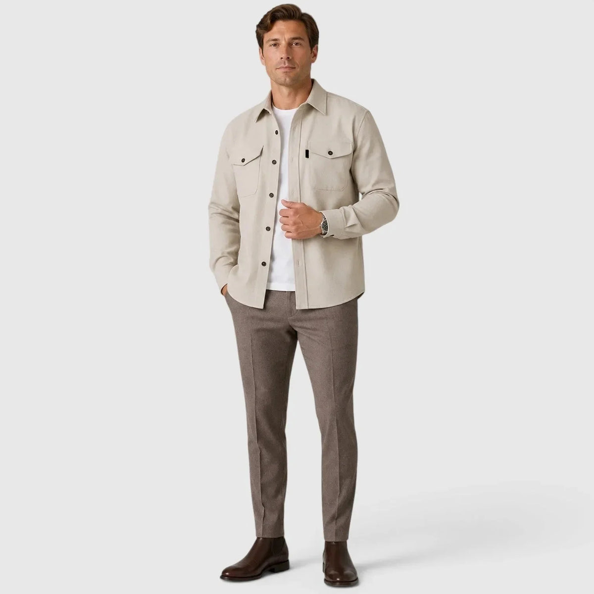 Men's Slim Fit Overshirt with Mandarin Collar & Chest Pockets - Apricot Full Body Styled