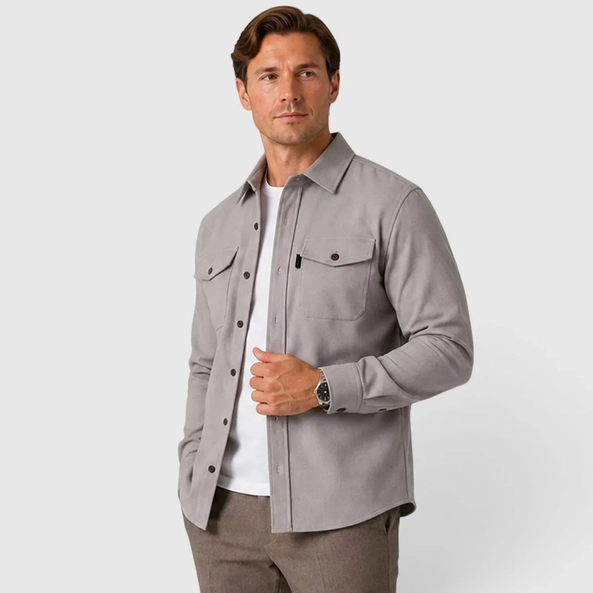 Men's Slim Fit Overshirt with Mandarin Collar & Chest Pockets - Front Angle