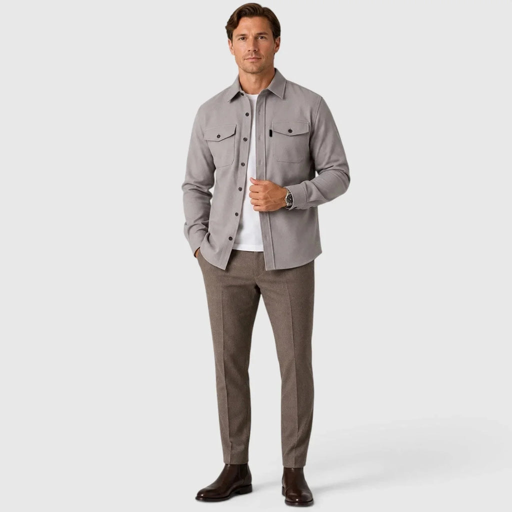 Men's Slim Fit Overshirt with Mandarin Collar & Chest Pockets - Front Full Styled