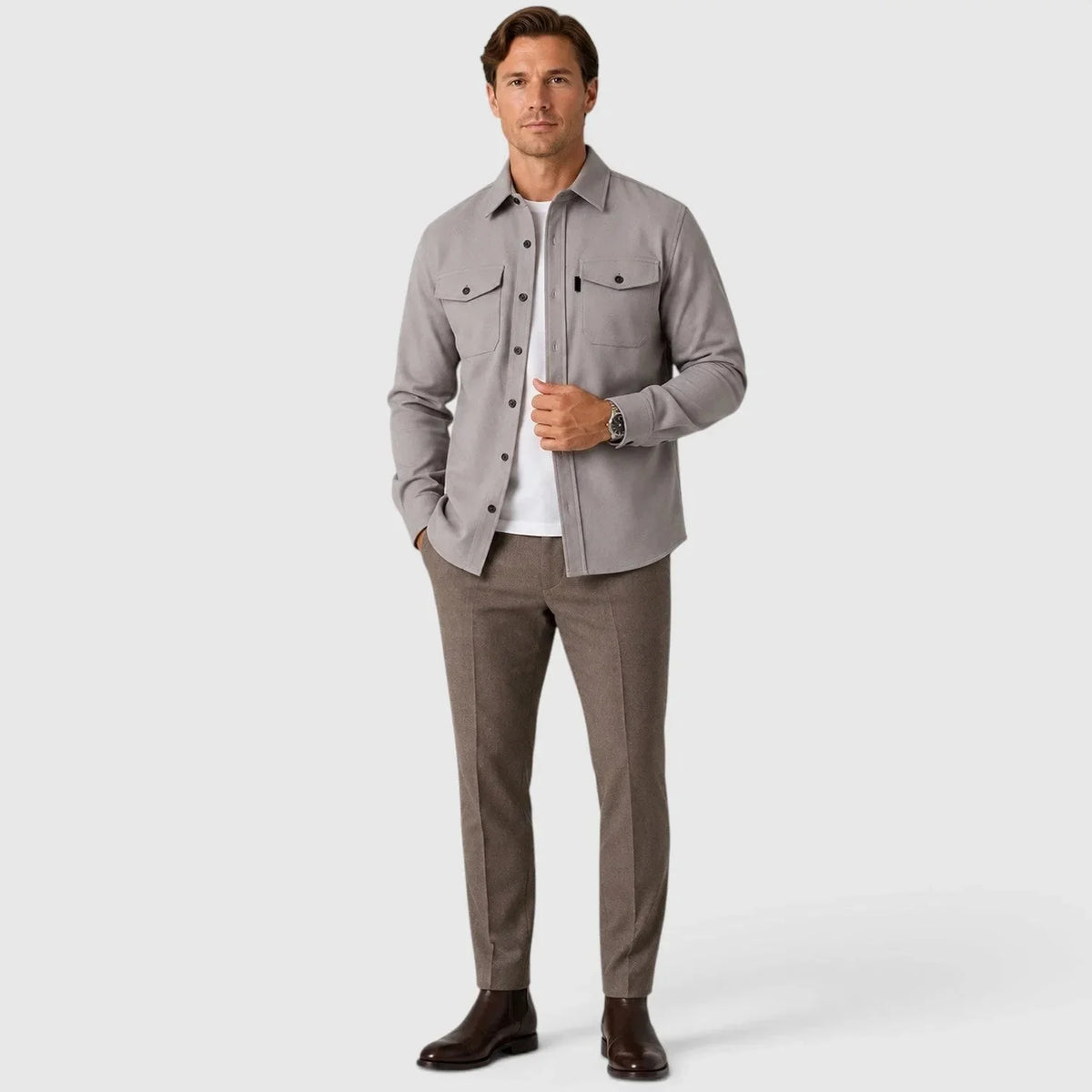 Men's Slim Fit Overshirt with Mandarin Collar & Chest Pockets - Front Full Styled