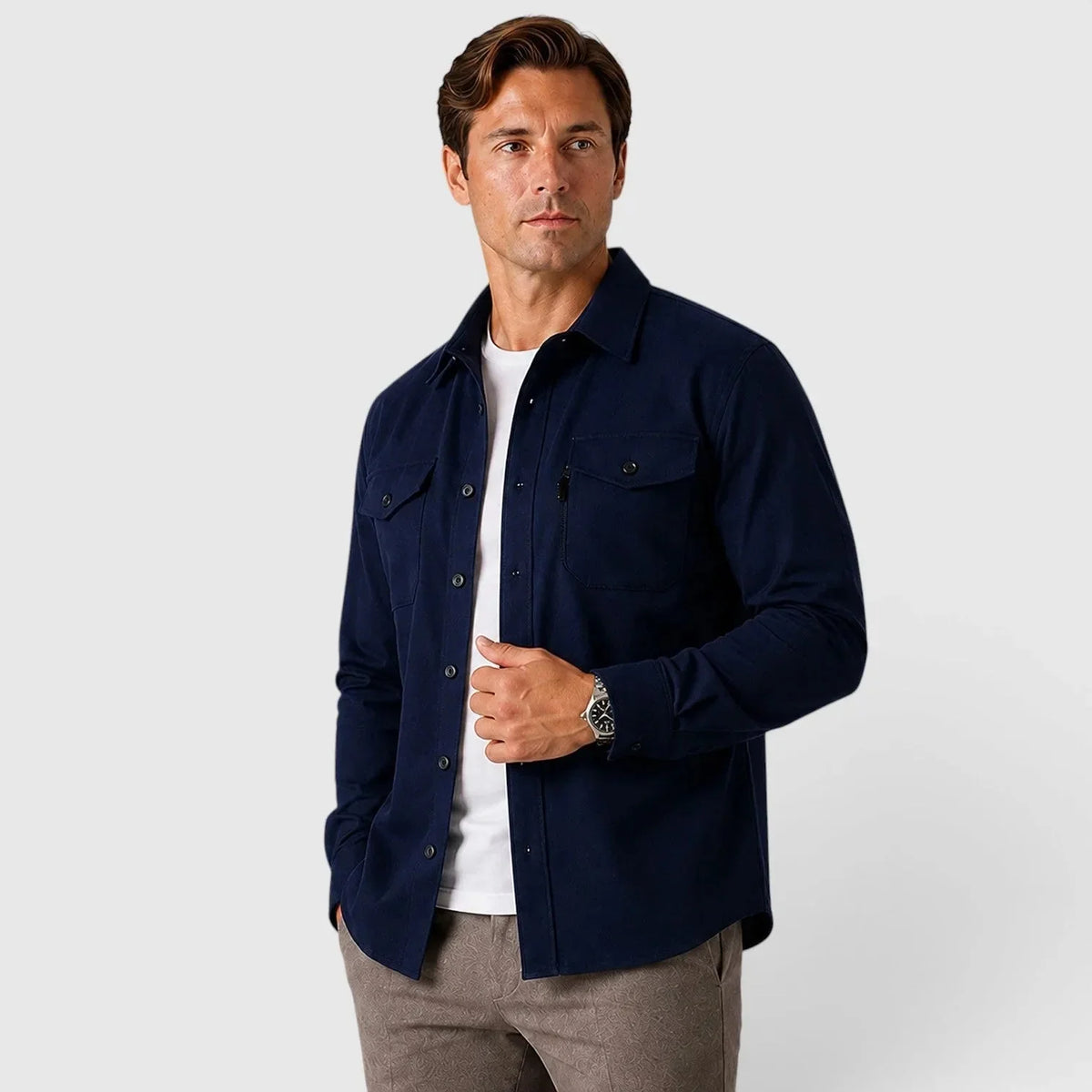 Men's Slim Fit Overshirt with Mandarin Collar & Chest Pockets - Front Closeup