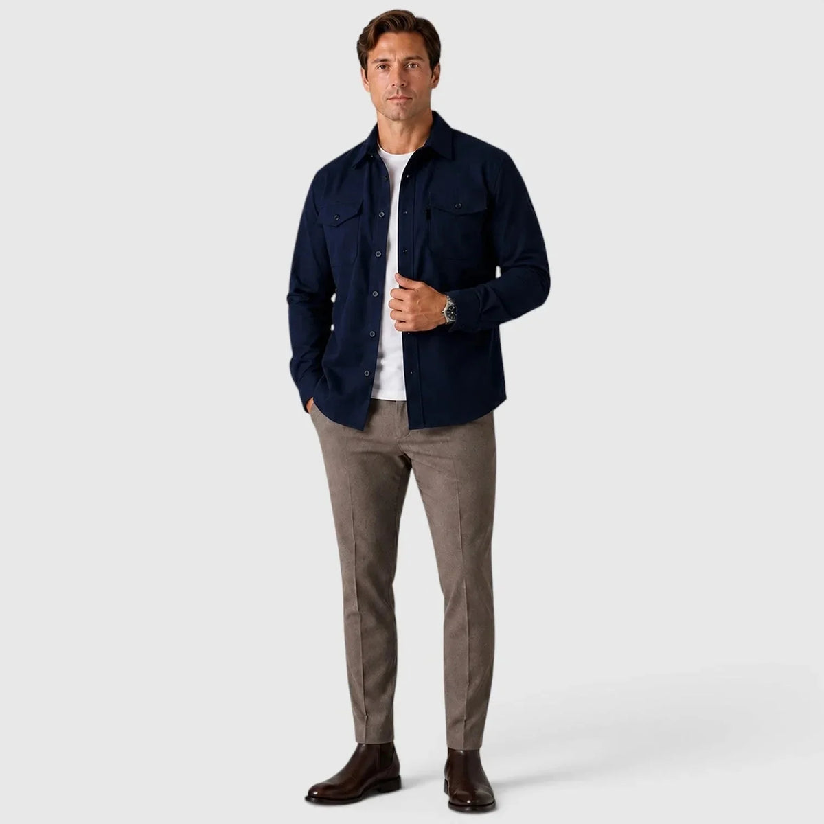 Men's Slim Fit Overshirt with Mandarin Collar & Chest Pockets - Full Body Pose