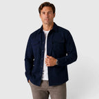 Navy Blue Men's Slim Fit Overshirt with Mandarin Collar & Chest Pockets - Front Navy Alt