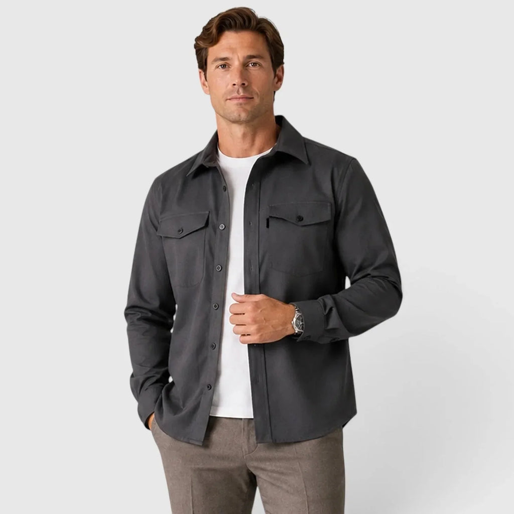 Dark Grey Men's Slim Fit Overshirt with Mandarin Collar & Chest Pockets