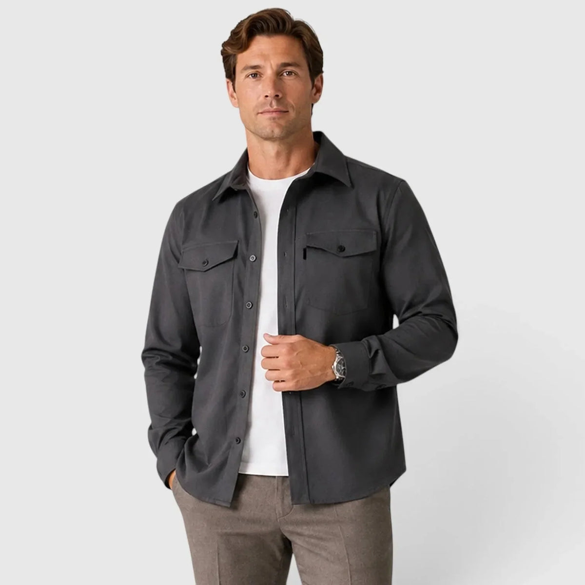 Dark Grey Men's Slim Fit Overshirt with Mandarin Collar & Chest Pockets