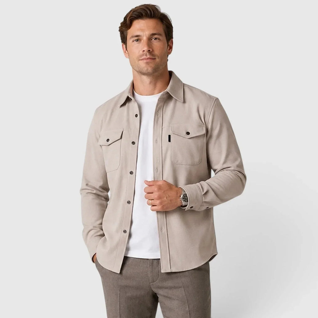 Light Apricot Men's Slim Fit Overshirt with Mandarin Collar & Chest Pockets
