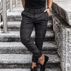Black Men's Slim-Fit Plaid Trousers with Tapered Leg & Stretch Comfort
