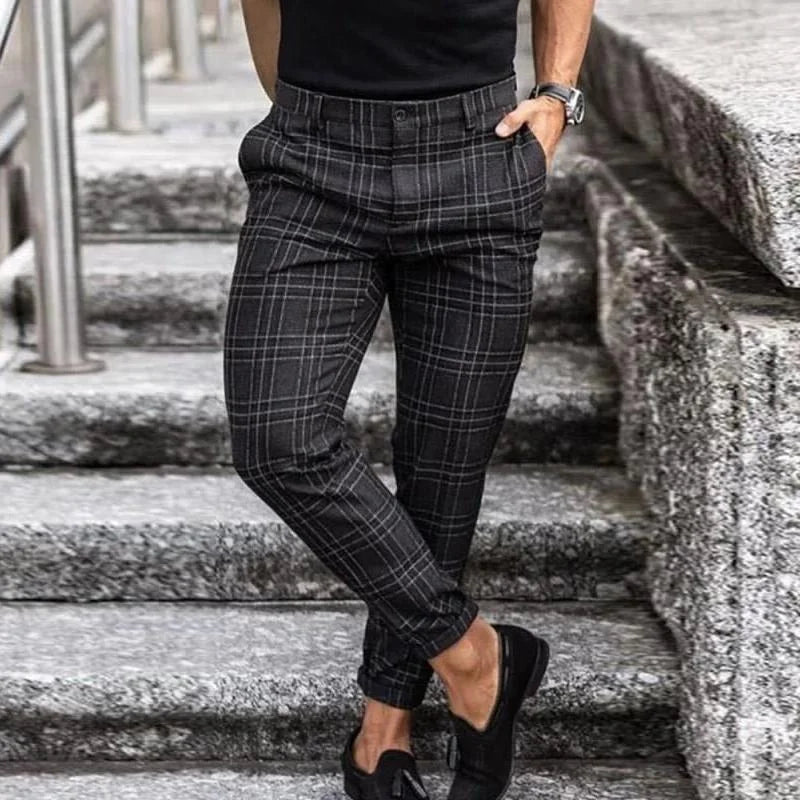 Black Men's Slim-Fit Plaid Trousers with Tapered Leg & Stretch Comfort