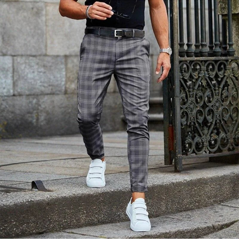 Dark Grey Men's Slim-Fit Plaid Trousers with Tapered Leg & Stretch Comfort