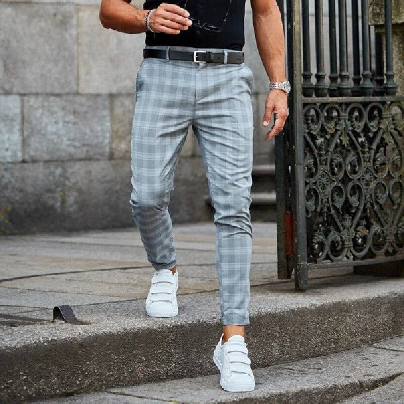 Grey Men's Slim-Fit Plaid Trousers with Tapered Leg & Stretch Comfort