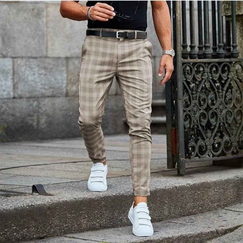 Khaki Men's Slim-Fit Plaid Trousers with Tapered Leg & Stretch Comfort