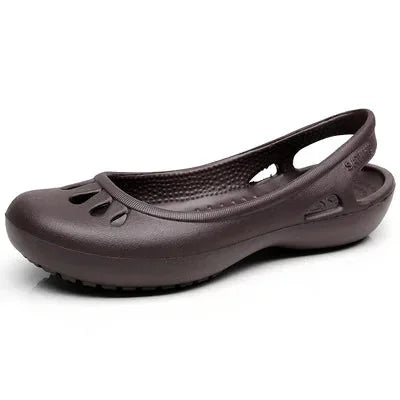 Khaki Women's Waterproof Slingback Jelly Clogs — Trixie Rounded-Toe Cutout Flat - Studio Side Angle Brown